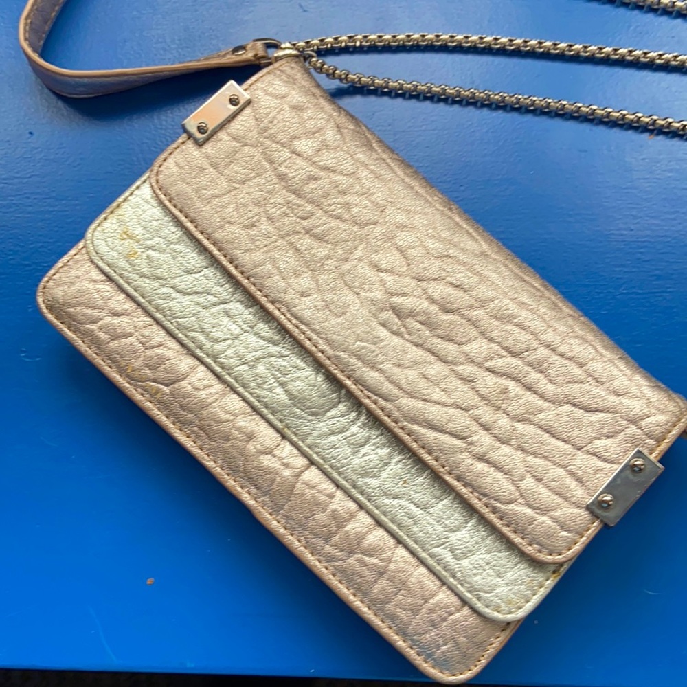 Stuart Weitzman Metallic Rose Gold Silver Chain purse wallet clutch